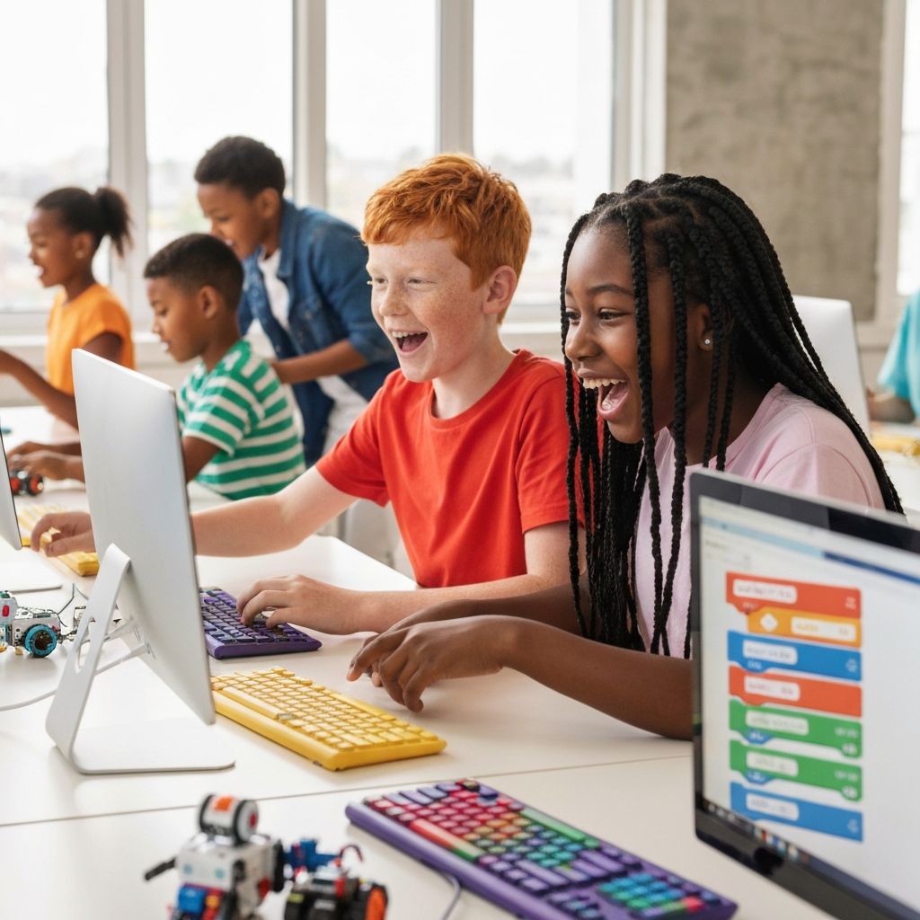 Kids having fun learning to code at Kids Coding Camp Hicksville summer workshop